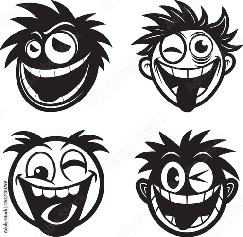 Funny Cartoon Faces in Black and White Vector Set