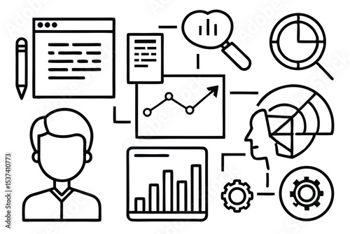 Conceptual vector illustration depicting data analysis and business process with relevant icons