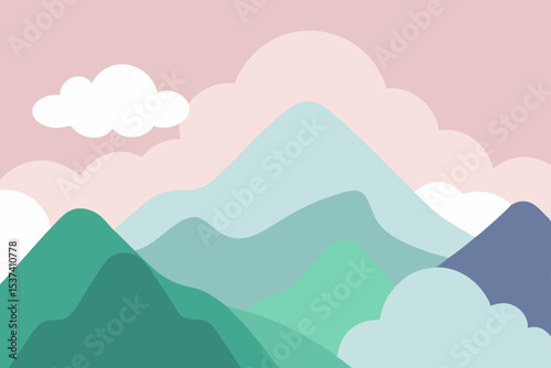Serene Mountain Landscape Pastel Peaks and Cloudy Skies Illustration