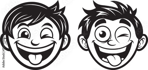 Cheerful Black and White Cartoon Faces with Expressive Features