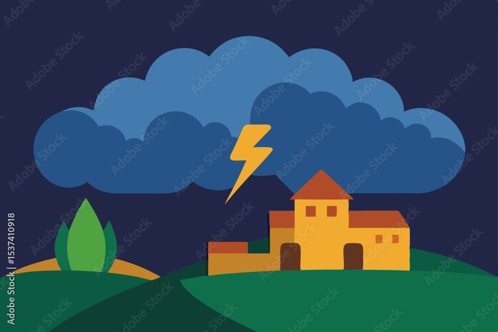 Naklejka premium Stormy Night over Tuscan Countryside A Dramatic Landscape Illustration