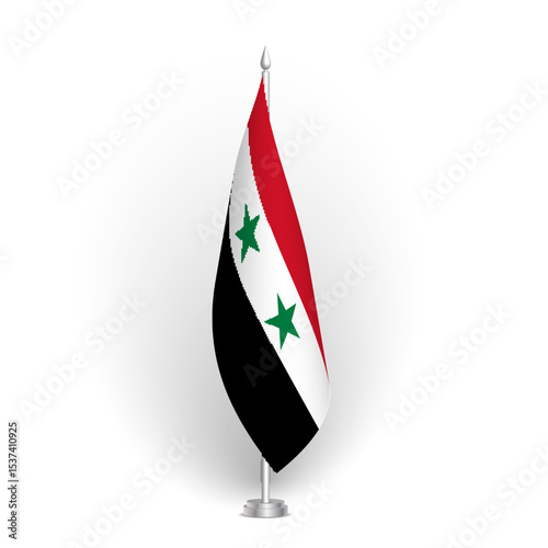 Syria flag - 3D standard conference flag hanging on ground flagpole. Usable for summit, indoor meeting, board room, government office, press room or reception. Vector flag with shading