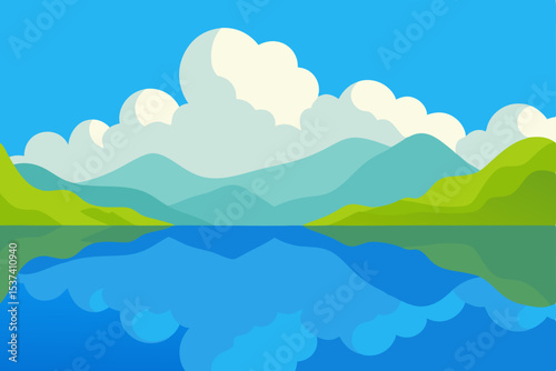 Serene Mountain Lake Landscape A picturesque illustration of tranquil nature with calm waters reflecting majestic mountains under a bright summer sky.