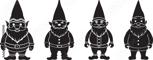 Black and White Fantasy Gnome with Beard and Hat Illustration