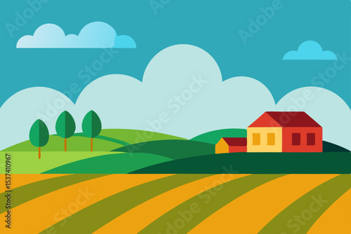 Serene Countryside Landscape Rolling Hills, Farm House, and Golden Fields Illustration