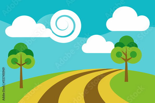 Serene Countryside Winding Road, Lush Green Fields, and Blue Skies