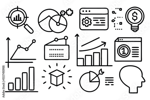 Simple line art collection of various business and financial icons and graphic elements.