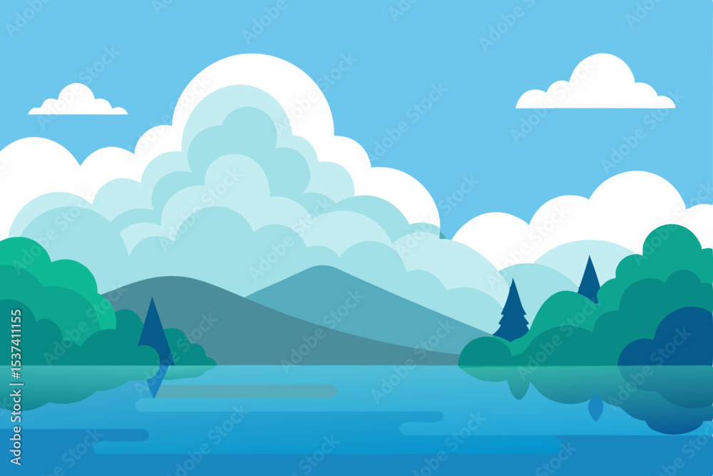 Fototapeta premium Serene Lakeside Vista Mountain Landscape with Clouds and Trees