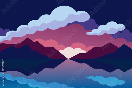 Serene Sunset Landscape Mountains Mirrored in a Calm Lake