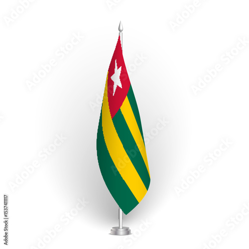 Togo flag - 3D standard conference flag hanging on ground flagpole. Usable for summit, indoor meeting, board room, government office, press room or reception. Vector flag with shading
