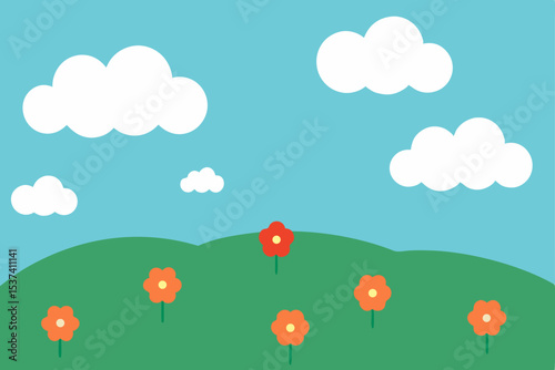 Sunny Meadow Landscape Illustration of Blooming Flowers Under a Blue Sky