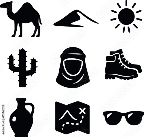 Desert icons in bold black including camel, cactus, sun, traditional headwear, mountains, and desert map in vector format.