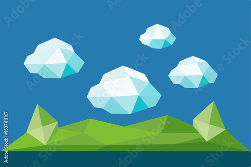 Geometric Landscape Low-Poly Mountains, Clouds, and Sky Illustration