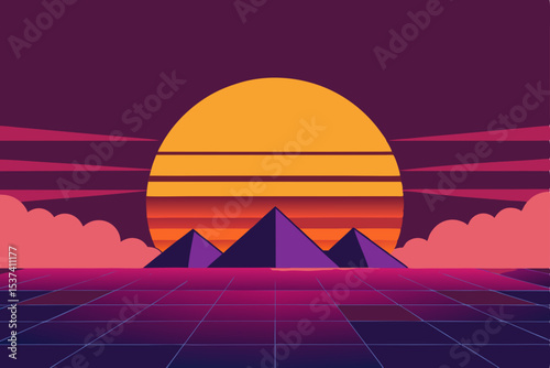 Retro Sunset Pyramids 80s Synthwave Landscape Art