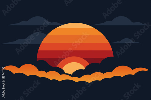 Retro Sunset A Vintage Sun Design with Clouds and Stripes