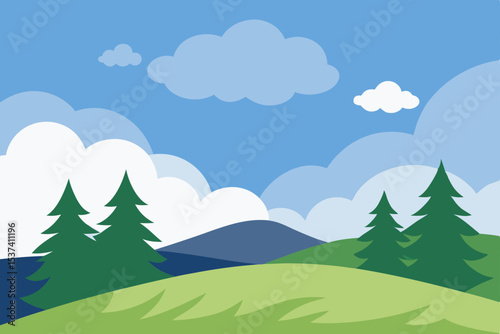 Serene Mountain Landscape Rolling Hills, Lush Green Meadows, and Majestic Evergreens under a Sunny Sky
