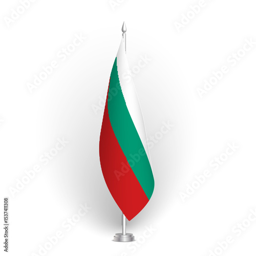 Bulgaria flag - 3D standard conference flag hanging on ground flagpole. Usable for summit, indoor meeting, board room, government office, press room or reception. Vector flag with shading