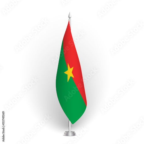 Burkina Faso flag - 3D standard conference flag hanging on ground flagpole. Usable for summit, indoor meeting, board room, government office, press room or reception. Vector flag with shading