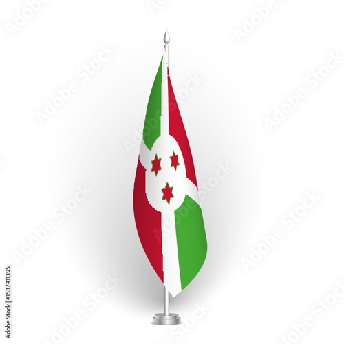 Burundi flag - 3D standard conference flag hanging on ground flagpole. Usable for summit, indoor meeting, board room, government office, press room or reception. Vector flag with shading
