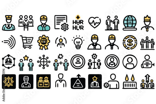 Collection of business and industry icons depicting various concepts and professions in a flat style.