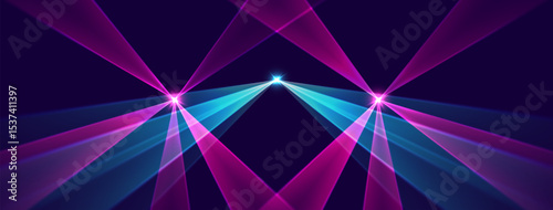Laser rays or beams, glowing neon lines, bright futuristic background. Motion or speed light effect. Concert or nightclub spotlights. Vector illustration.