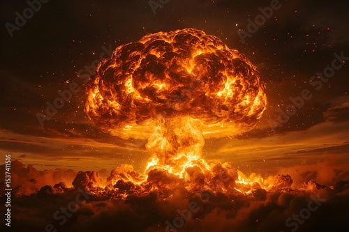 The flames of a nuclear explosion and a mushroom cloud rising over a city.	