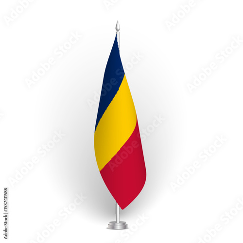 Chad flag - 3D standard conference flag hanging on ground flagpole. Usable for summit, indoor meeting, board room, government office, press room or reception. Vector flag with shading