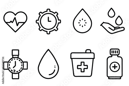 A collection of eight health and medical related icon outlines illustrating heart clock medicine and various other related healthcare elements
