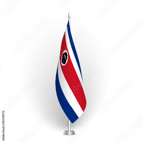 Costa Rica flag - 3D standard conference flag hanging on ground flagpole. Usable for summit, indoor meeting, board room, government office, press room or reception. Vector flag with shading