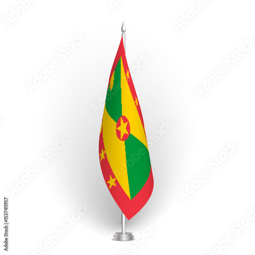 Grenada flag - 3D standard conference flag hanging on ground flagpole. Usable for summit, indoor meeting, board room, government office, press room or reception. Vector flag with shading