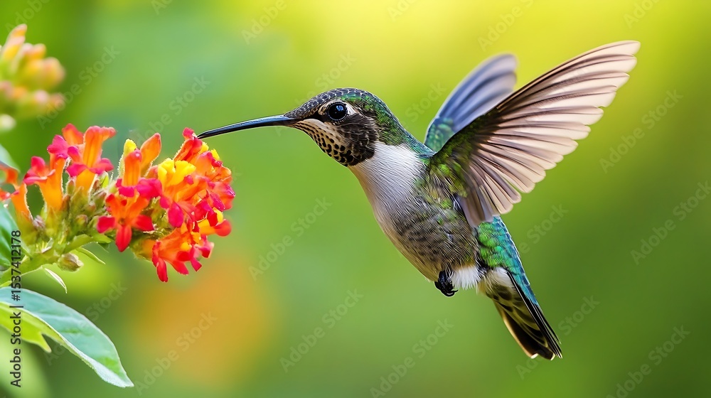 Fototapeta premium Hummingbird feeding on flower nectar close up nature photography wildlife bird watching garden birds animal photo