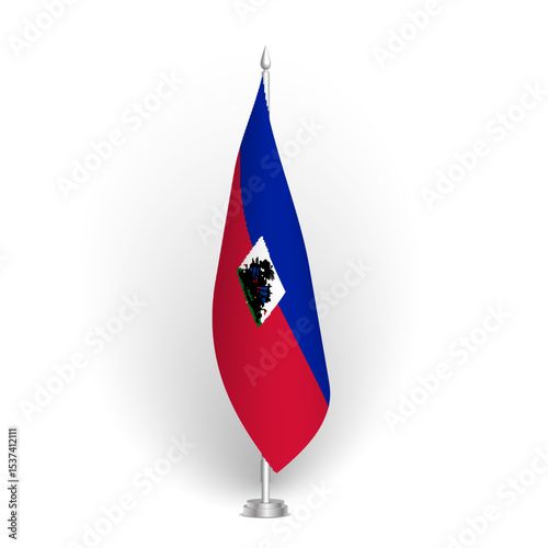 Haiti flag - 3D standard conference flag hanging on ground flagpole. Usable for summit, indoor meeting, board room, government office, press room or reception. Vector flag with shading