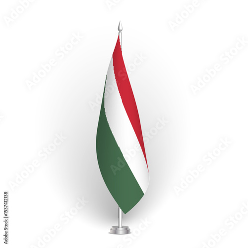 Hungary flag - 3D standard conference flag hanging on ground flagpole. Usable for summit, indoor meeting, board room, government office, press room or reception. Vector flag with shading