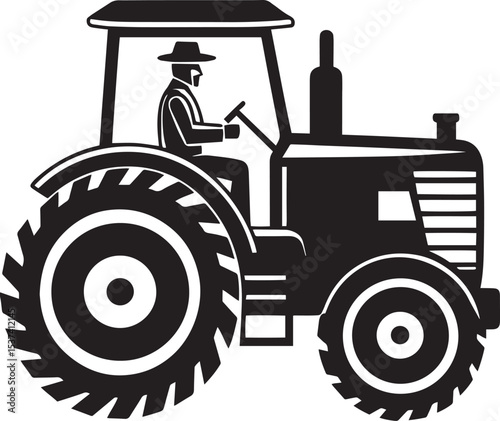 Minimalist Black and White Tractor with Sitting Man Silhouette