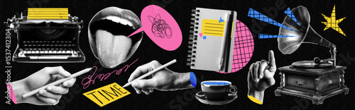 Kit of punk scrapbook crumpled elements theme of writer. Creative copywriter work collection. Set of vector isolated illustrations. Zine popart cartoon arts with doodle scribble.