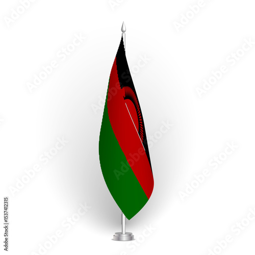 Malawi flag - 3D standard conference flag hanging on ground flagpole. Usable for summit, indoor meeting, board room, government office, press room or reception. Vector flag with shading