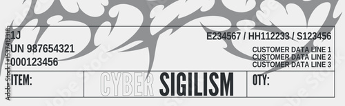Neo tribal ticket template vector design, cyber sigilism, Y2K aesthetic of 90s, gray ornament swirl sharp shapes, coupon