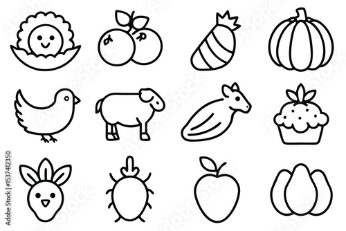 Simple and cute collection of farm icons and harvest icons in outlined black and white style