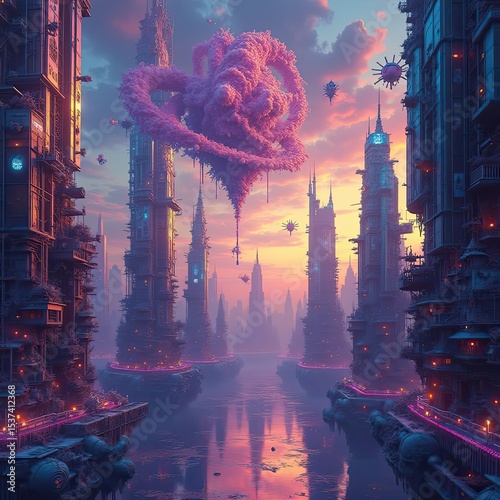 A breathtaking display of interconnected, glowing fractals, pulsating with vibrant neon colors and subtle chromatic aberrations, suspended in a vast, alien city filled with towering skyscrapers