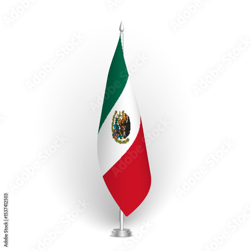 Mexico flag - 3D standard conference flag hanging on ground flagpole. Usable for summit, indoor meeting, board room, government office, press room or reception. Vector flag with shading