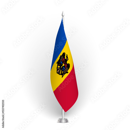 Moldova flag - 3D standard conference flag hanging on ground flagpole. Usable for summit, indoor meeting, board room, government office, press room or reception. Vector flag with shading