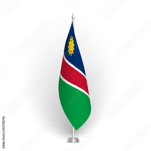 Namibia flag - 3D standard conference flag hanging on ground flagpole. Usable for summit, indoor meeting, board room, government office, press room or reception. Vector flag with shading