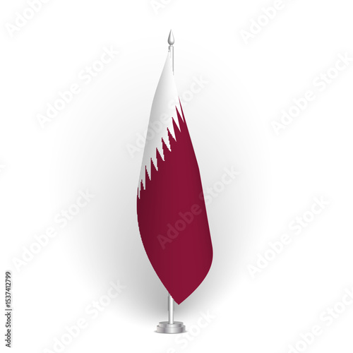 Qatar flag - 3D standard conference flag hanging on ground flagpole. Usable for summit, indoor meeting, board room, government office, press room or reception. Vector flag with shading