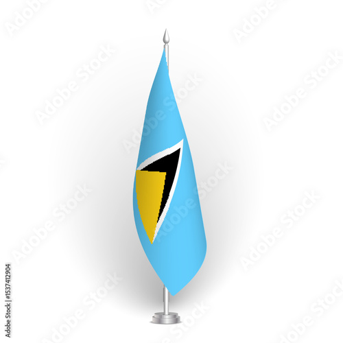 Saint Lucia flag - 3D standard conference flag hanging on ground flagpole. Usable for summit, indoor meeting, board room, government office, press room or reception. Vector flag with shading