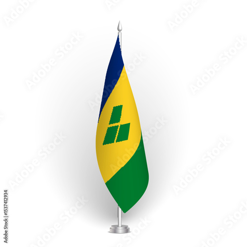 Saint Vincent and the Grenadines flag - 3D standard conference flag hanging on ground flagpole. Usable for summit, indoor meeting, board room, government office, press room or reception. Vector flag