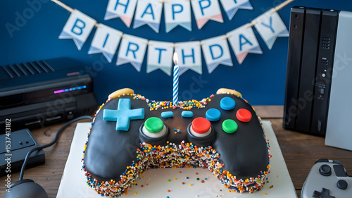Child�s Video Game Controller Birthday Cake with Fondant Buttons and Sprinkles