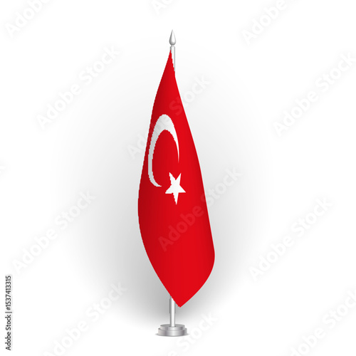 Turkey flag - 3D standard conference flag hanging on ground flagpole. Usable for summit, indoor meeting, board room, government office, press room or reception. Vector flag with shading