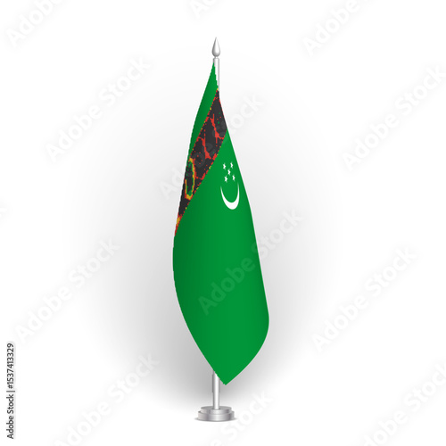 Turkmenistan flag - 3D standard conference flag hanging on ground flagpole. Usable for summit, indoor meeting, board room, government office, press room or reception. Vector flag with shading