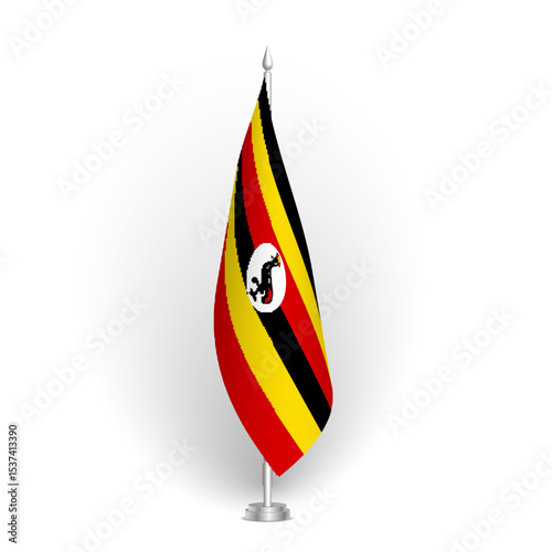 Uganda flag - 3D standard conference flag hanging on ground flagpole. Usable for summit, indoor meeting, board room, government office, press room or reception. Vector flag with shading