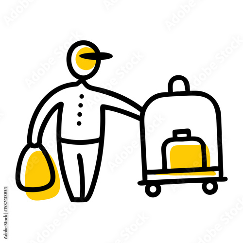 Hand Draw bellhop with luggage cart icon on transparent background for web and graphic design